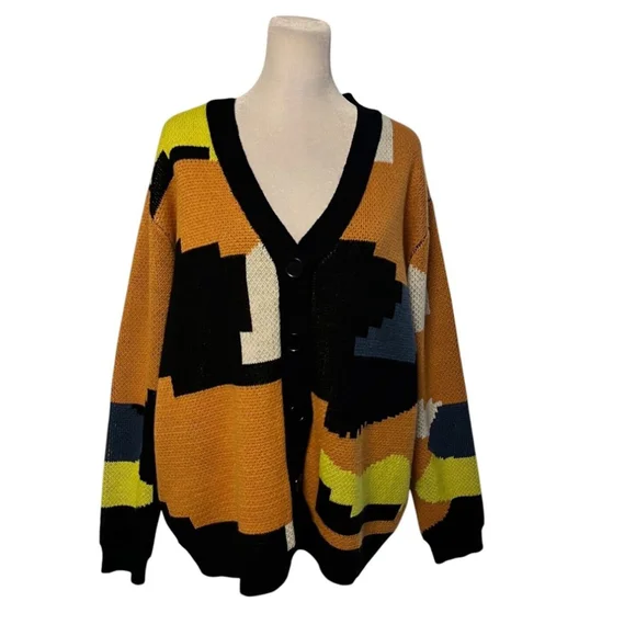 Fore Abstract Colorful Vneck Cardigan Sweater Size XL - Picture 3 of 8